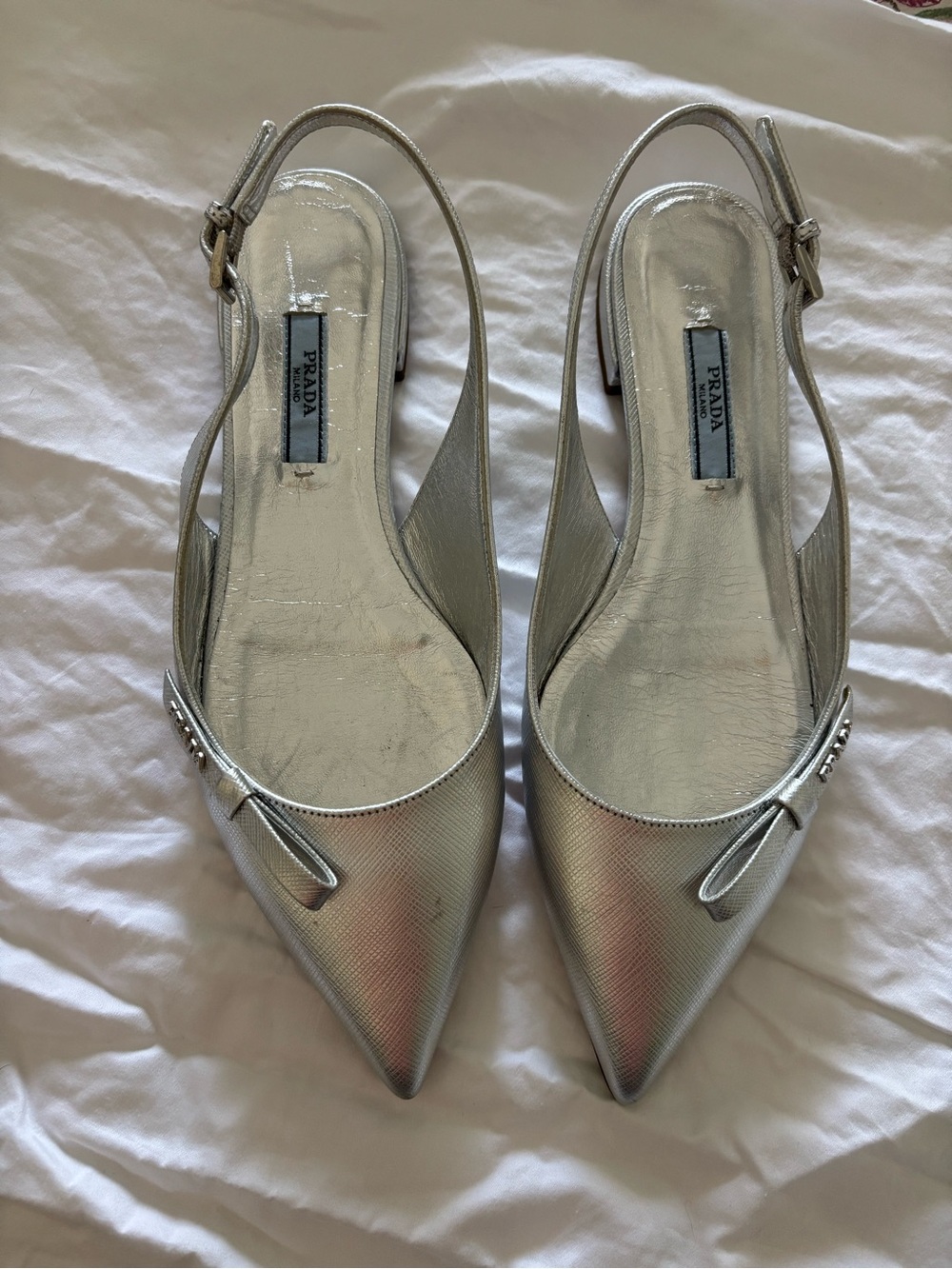 Prada Metallic Silver Pointed Slingback Flats